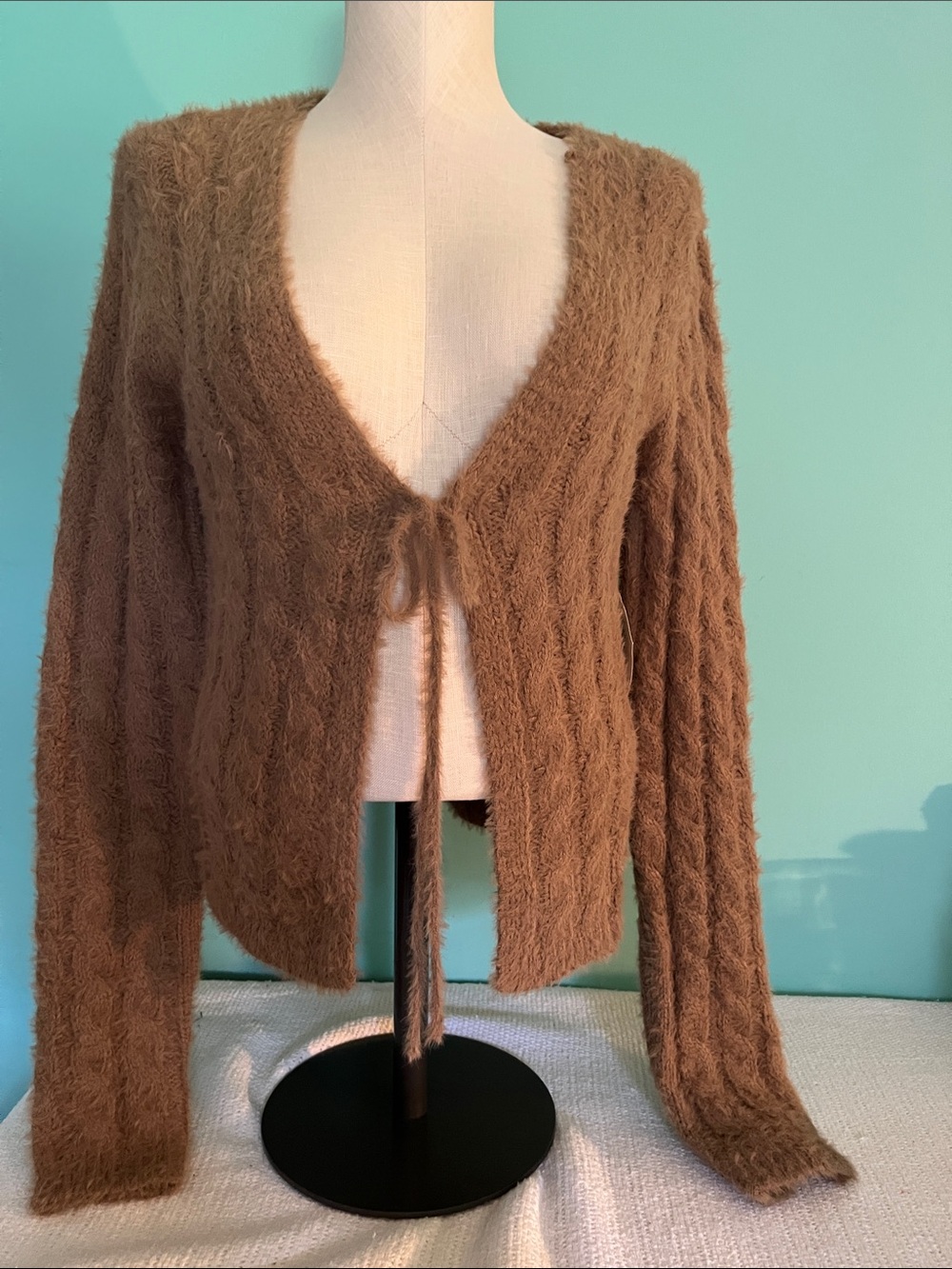 Altar'd State Brown Fuzzy Cable Tie-Front Cardigan